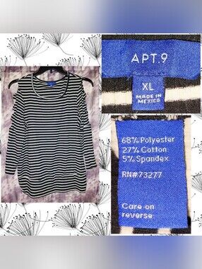 Apt. 9 Black & White Striped Ribbed Soft Knit Top w/Cold Shoulder Cutouts Sz XL